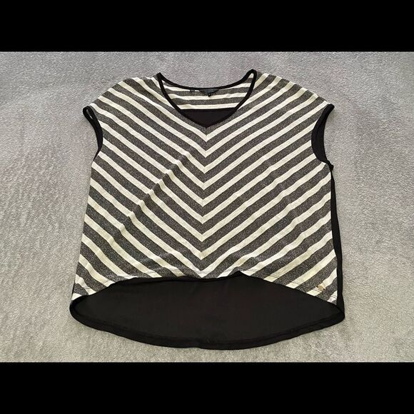 𝅺GUESS sheer sparkly striped top size medium black white gold VGUC - Picture 1 of 5